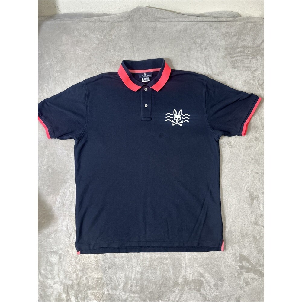 Psycho Bunny Polo Shirt Men’s XL Navy Pink Trim Embroidered Bunny Skull Golf